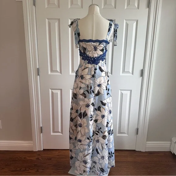 Foxiedox Floral Bow Ties Blue Crochet Coquette Wedding Guest Maxi Dress Size S - Picture 7 of 13
